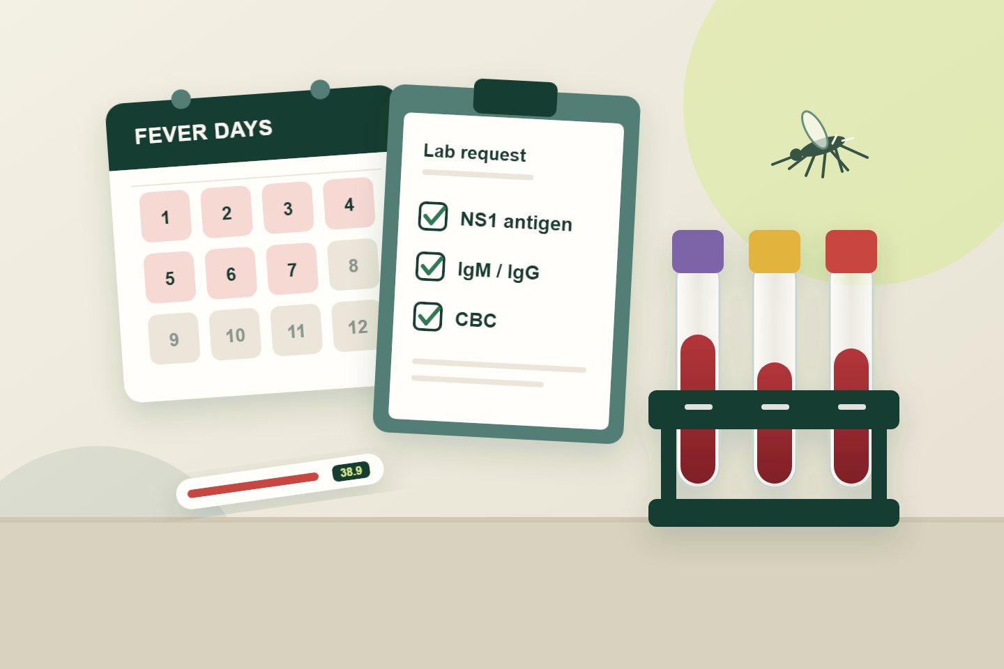 Blood sample tubes in a rack beside a lab request form and a calendar with fever days marked